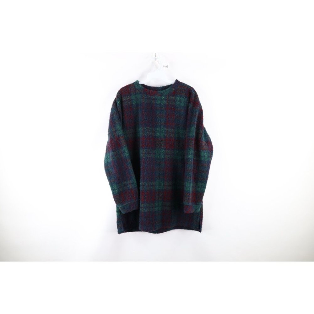 Vintage 90s Woolrich Medium Rainbow Plaid Sherpa Deep Pile Fleece Sweater USA